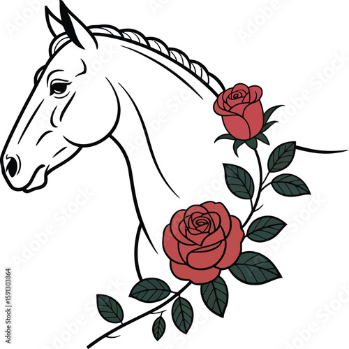 Illustration of a horse head with braided mane and two roses with leaves on a white background art