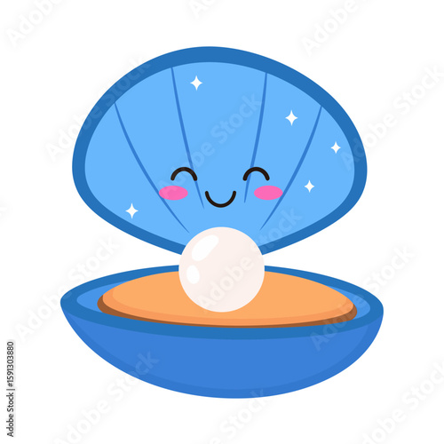 Cute blue cartoon oyster with a smiling kawaii face holding a shiny white pearl.