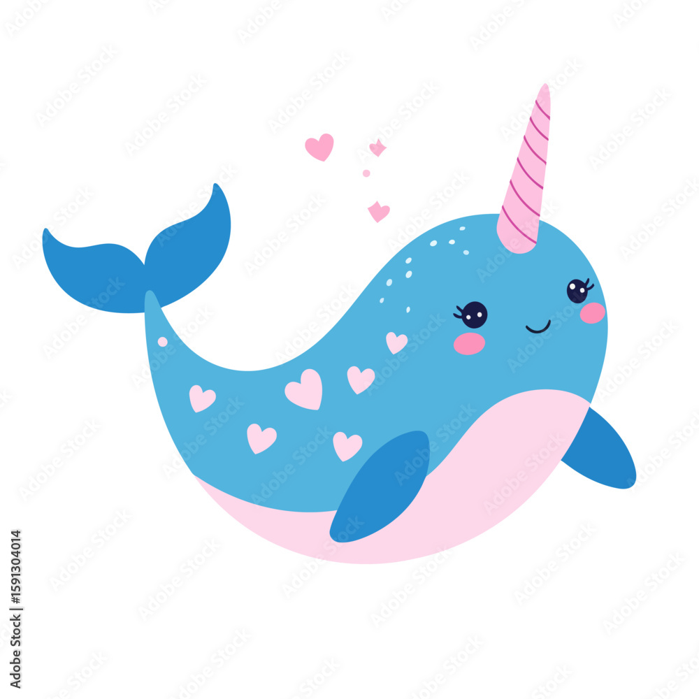 Obraz premium Adorable blue cartoon narwhal with a pink spiral horn and heart patterns. A cute smiling kawaii sea unicorn character with rosy cheeks and floating hearts.
