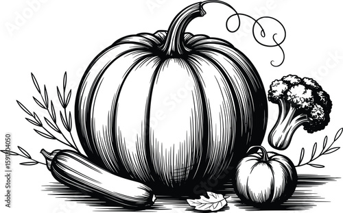 Harvest Pumpkin and Vegetables Line Art Illustration, Fall Farm Produce Sketch.

