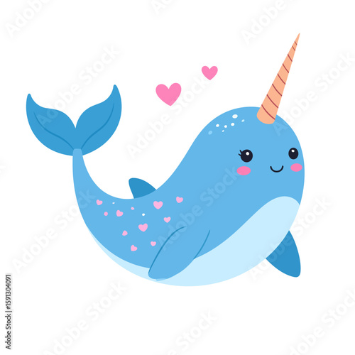 Adorable blue cartoon narwhal with a striped horn, smiling face, and pink heart decorations.