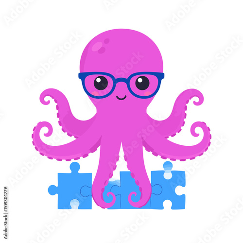 Adorable pink octopus character wearing blue glasses with blue jigsaw puzzle pieces.
