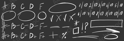 Exam grade school result. Mark for test and school homework. Symbol exam teacher for examination. Vector illustration