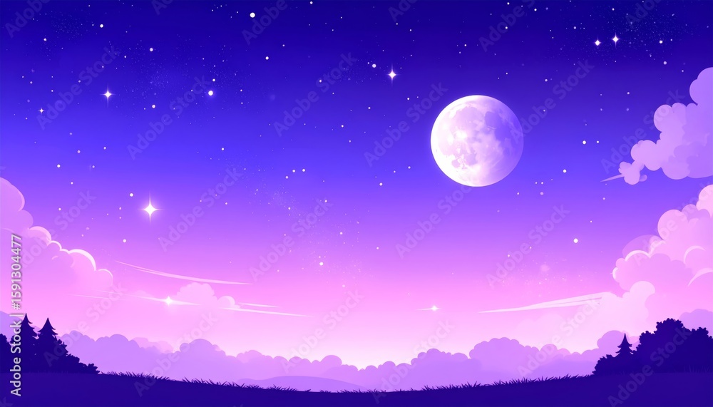 Naklejka premium Moonlit night sky over a dark mountain landscape with bright stars