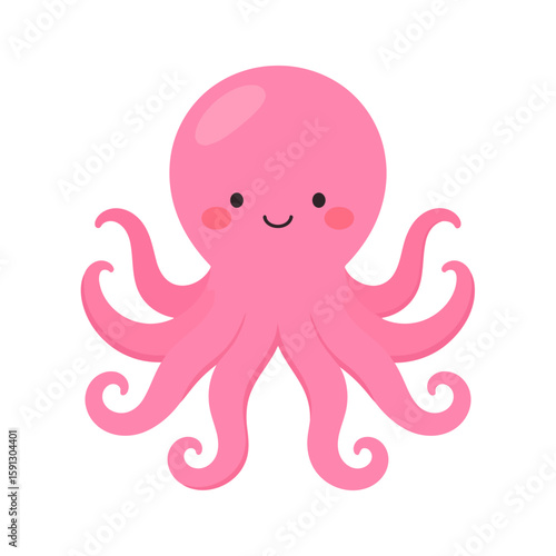 Charming pink cartoon octopus with a happy smile, rosy cheeks, and curled tentacles.