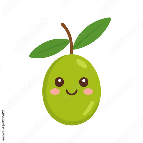 Cute kawaii green olive character with a happy smiling face, rosy cheeks, and a small stem with two leaves.