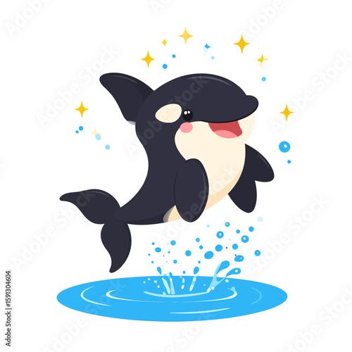 Adorable cartoon orca whale jumping happily from the water, a cute black and white killer whale character with a joyful expression and sparkles.