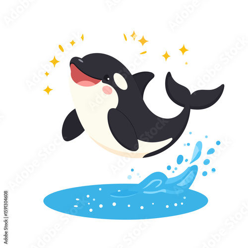 Happy cartoon killer whale jumping from water. Adorable orca character with pink cheeks, open mouth, and yellow sparkles.