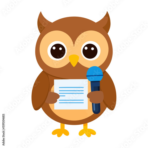 Cute brown cartoon owl reporter holding a blue microphone and a script, ready for an interview or speech.