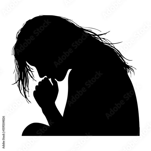 Vector art of silhouette of a woman deep in thought, isolated on white isolated on transparent background