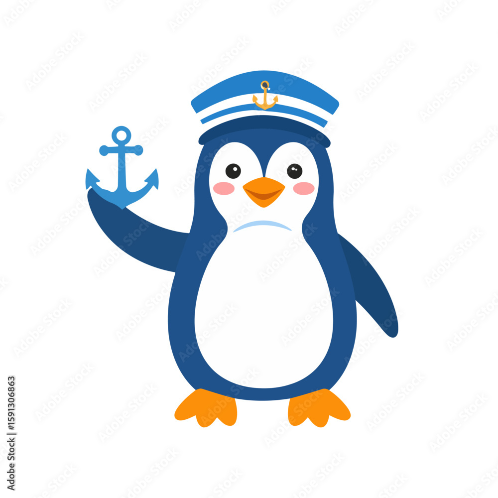 Obraz premium Cute cartoon penguin character in a blue sailor hat with a golden emblem, holding a large blue anchor and looking sad.
