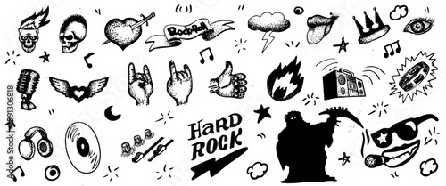 Doodle Rock Punk Tattoo Icons Set – Grunge Y2K Vector Elements