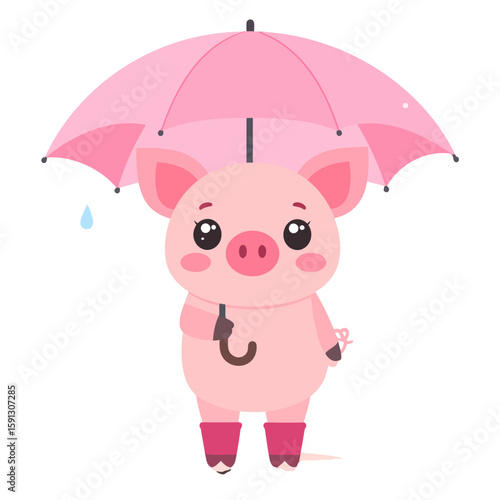 Adorable pink cartoon piglet with big eyes, holding a matching umbrella and wearing rain boots.