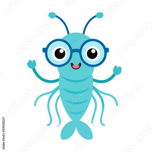 Cute blue cartoon shrimp character wearing large round glasses, smiling with arms raised in a friendly greeting.