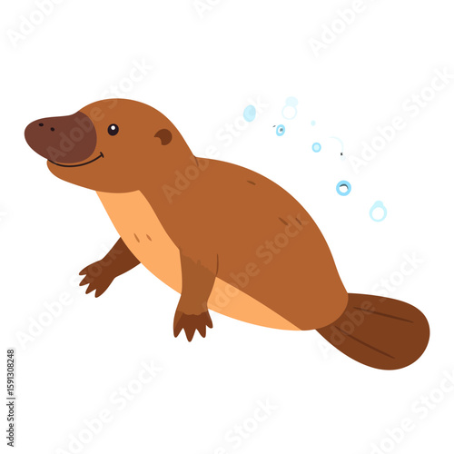 Charming brown cartoon platypus swimming happily. An adorable aquatic mammal with a duck-bill, webbed feet, and a flat tail.
