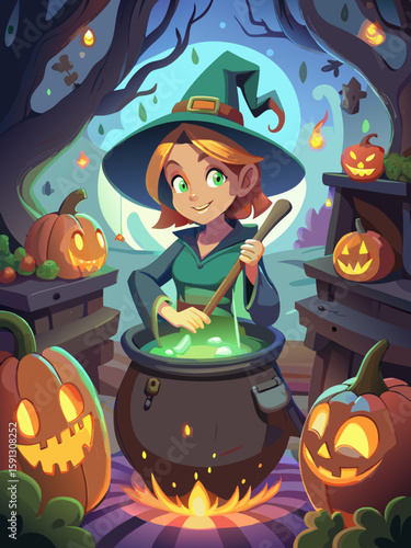 Cute Young Witch Stirring Magic Potion in a Halloween Forest – Cartoon Night Scene Illustration