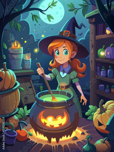 Cute Young Witch Stirring Magic Potion in a Halloween Forest – Cartoon Night Scene Illustration