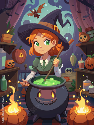 Cute Young Witch Stirring Magic Potion in a Halloween Forest – Cartoon Night Scene Illustration