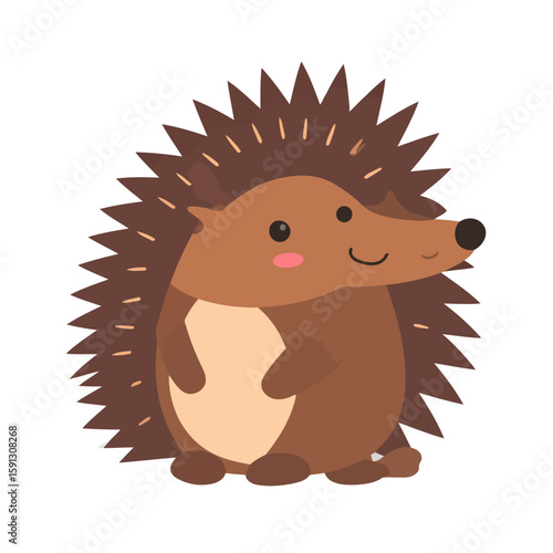 Friendly cartoon hedgehog with brown spiky quills and a sweet smile. Adorable woodland animal illustration with pink cheeks.