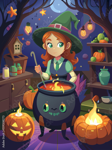 Cute Young Witch Stirring Magic Potion in a Halloween Forest – Cartoon Night Scene Illustration