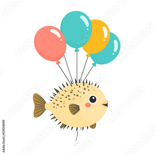A cute, spiky yellow pufferfish character with spots floating happily, lifted by colorful party balloons.