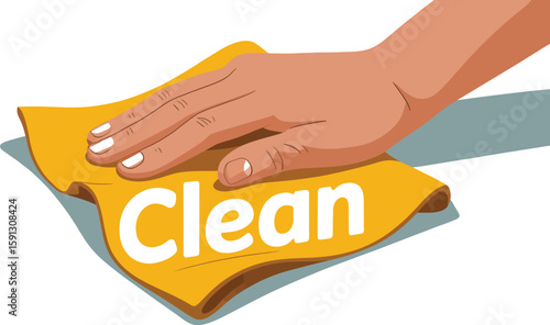 A hand cleaning a surface with a yellow cloth that has the word clean written on it in white letters