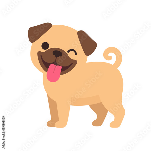 Cute cartoon pug dog winking happily with its tongue sticking out.