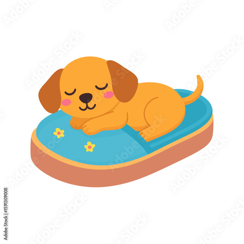 Adorable golden puppy with floppy ears sleeping peacefully on a cozy blue pet bed with flowers.