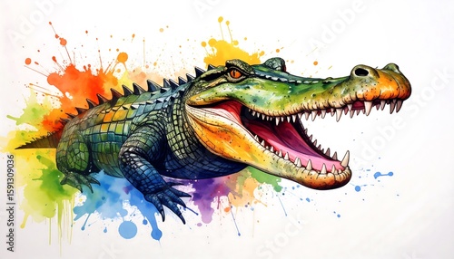 Vibrant crocodile against colorful splatter