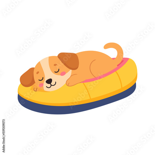 Cute cartoon puppy with floppy ears sleeping peacefully in a cozy yellow and blue pet bed.