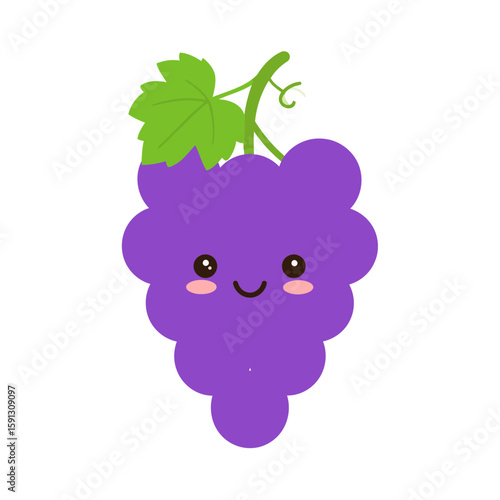 Kawaii purple grape cluster with a sweet smiling face, rosy cheeks, and a green leaf.