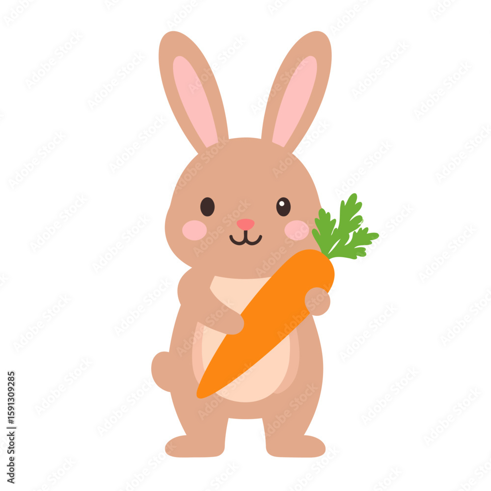 Obraz premium Cute brown cartoon rabbit with rosy cheeks standing and holding a large orange carrot.