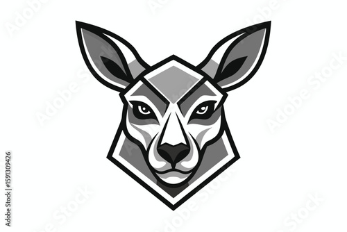 Stylized kangaroo head stares intensely with sharp eyes in monochrome colors, isolated on white