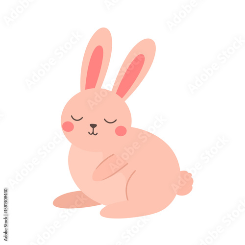 Charming pink cartoon bunny with closed eyes, rosy cheeks, and a fluffy tail.