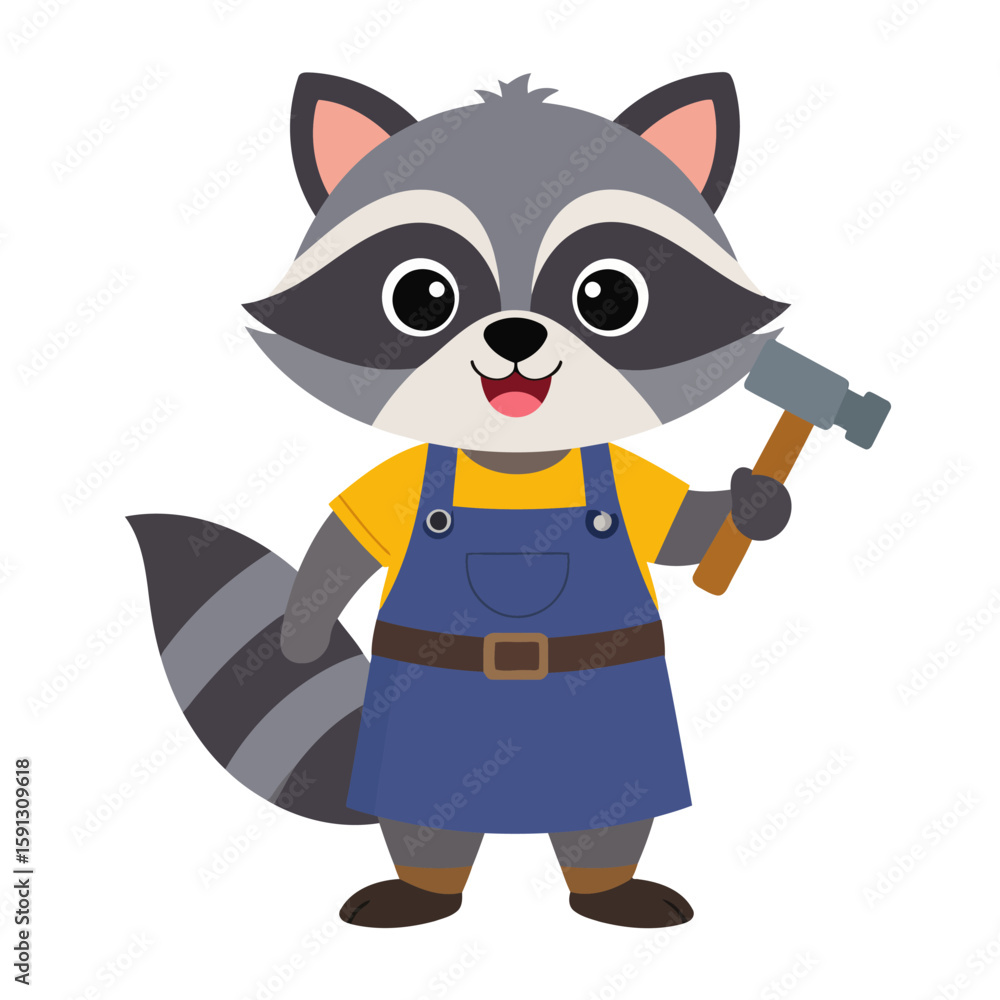Fototapeta premium Smiling cartoon raccoon builder with a striped tail, wearing overalls and holding a hammer.