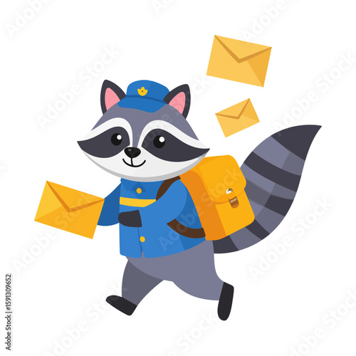 A cheerful cartoon raccoon postman in a blue uniform, walking with a yellow mailbag and delivering letters.