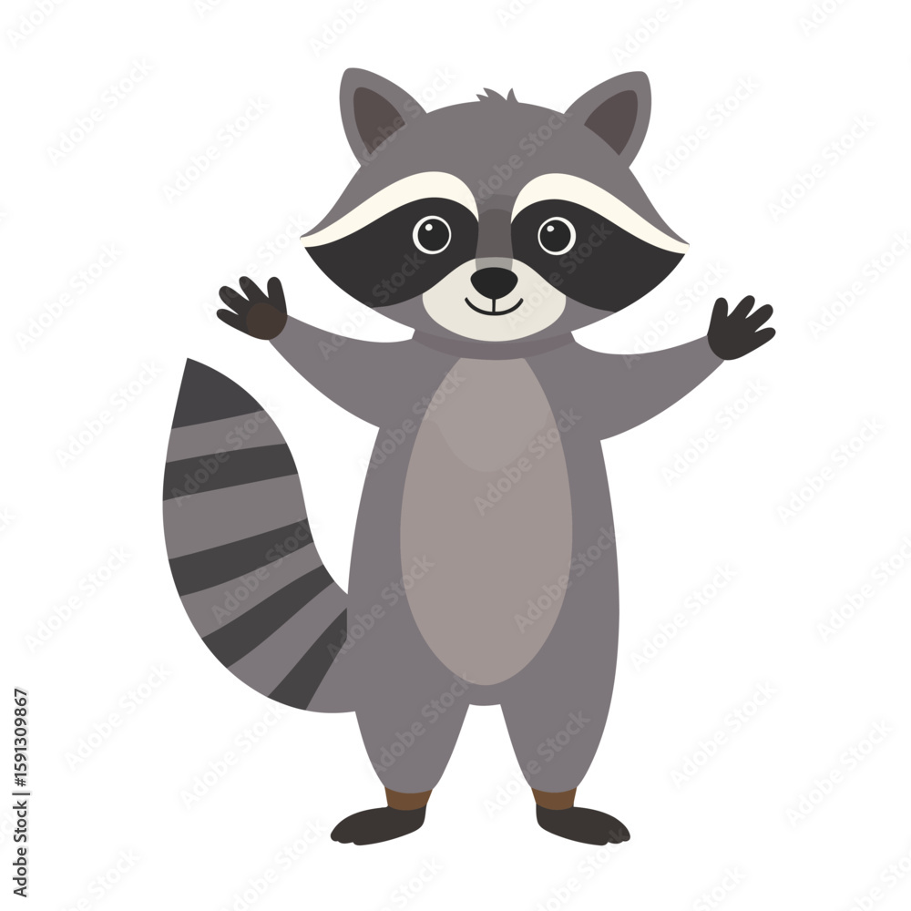 Obraz premium Charming gray cartoon raccoon with a striped tail, standing with open arms.