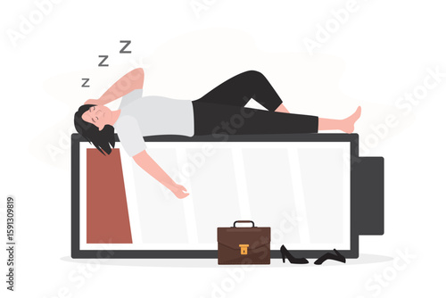Businesswoman with low battery, business woman without energy. Break time. Fatigue and depression. Burnout, overload, unproductive. Tired worker lying on empty battery.