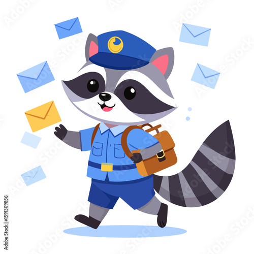 Cute cartoon raccoon postman in a blue uniform, walking with a mailbag and letters.