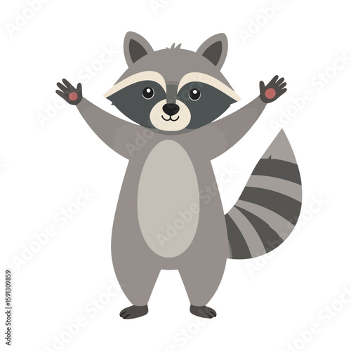 Charming cartoon raccoon with a striped tail standing with arms raised happily.