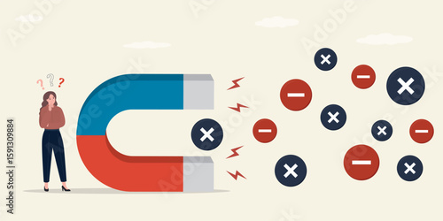 Businessman use magnet and attract negative thoughts, ban, cross signs. Bad reviews, low rating or score. Business or service receives negative reviews. Reject, restrictions.