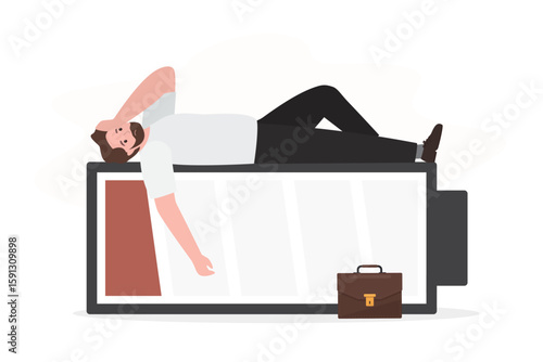 Businessman with low battery, business man without energy. Break time. Fatigue and depression. Burnout, overload, unproductive. Tired worker man lying on empty battery.