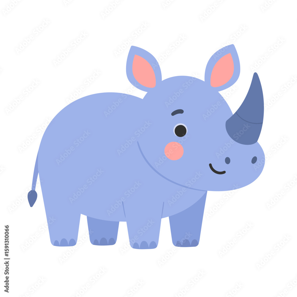 Naklejka premium Cute periwinkle cartoon rhinoceros with pink cheeks and a friendly smile. Adorable flat vector illustration of a baby rhino character.