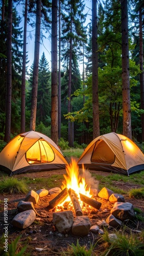 Two camping tents by a crackling campfire in a forest at twilight