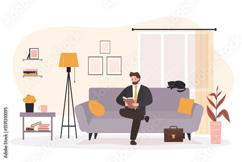 Business man sitting on sofa and reading book. Male character indoor, living room interior with furniture. Person relax after work. Bookworm reader. Education, knowledge.