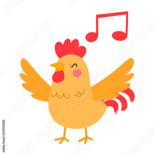 Happy cartoon rooster singing with spread wings. A joyful yellow cockerel with a red comb and musical notes, in a cute flat style.