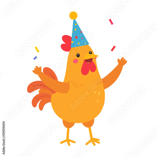 Happy orange cartoon rooster with a red comb wearing a blue polka dot party hat, celebrating with wings up.