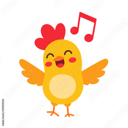 Happy yellow chick with a heart-shaped comb singing joyfully with musical notes.