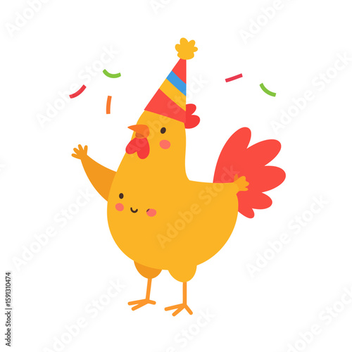 Cute cartoon rooster celebrating with a colorful striped party hat, waving happily amidst confetti.