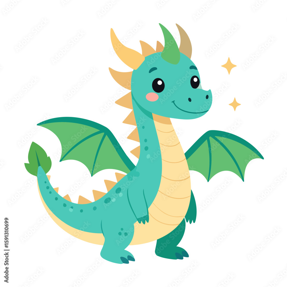 Fototapeta premium Cute standing cartoon dragon with teal skin, green wings, and a friendly smile.